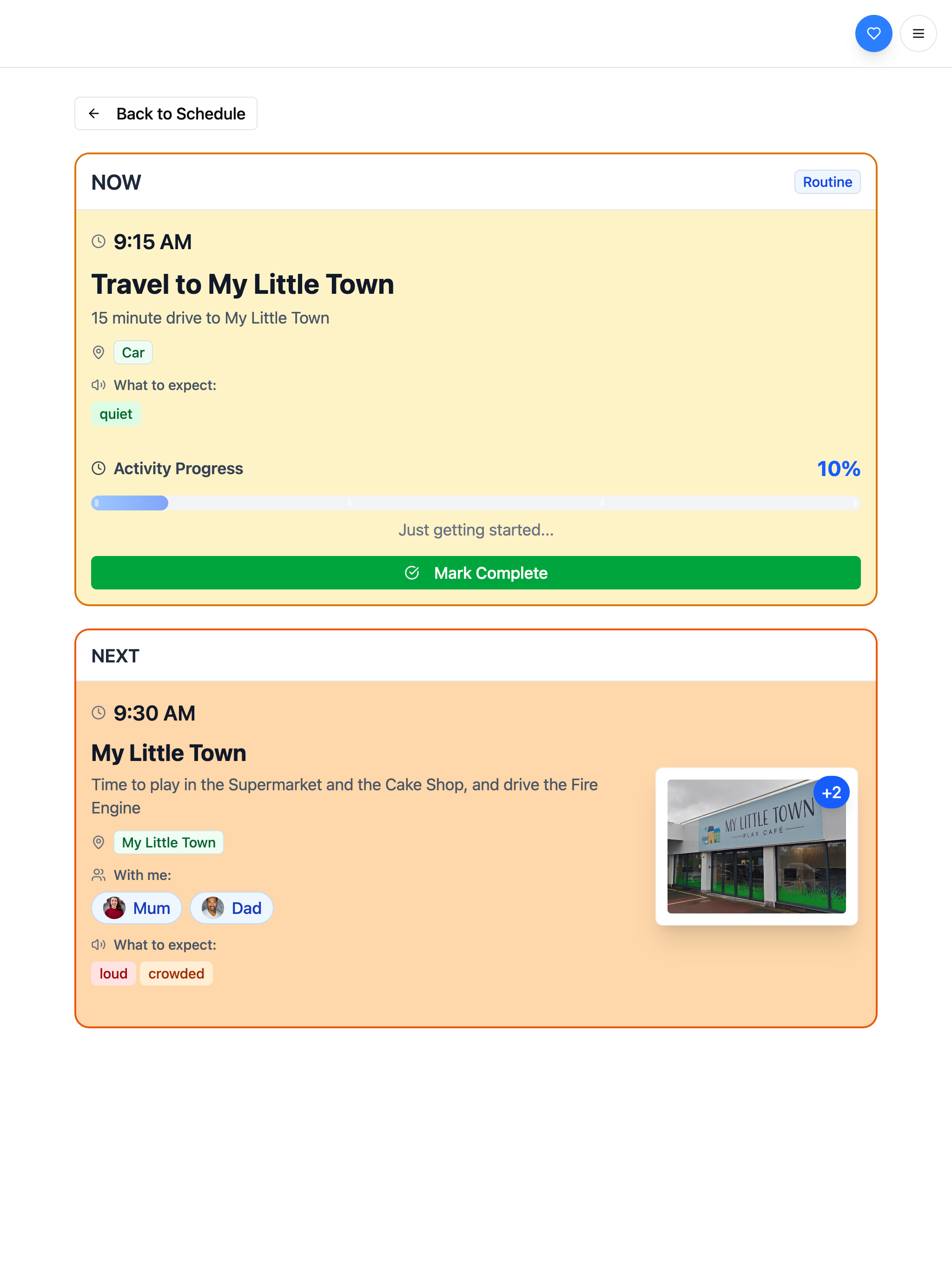 Now & Next view showing current and upcoming activity