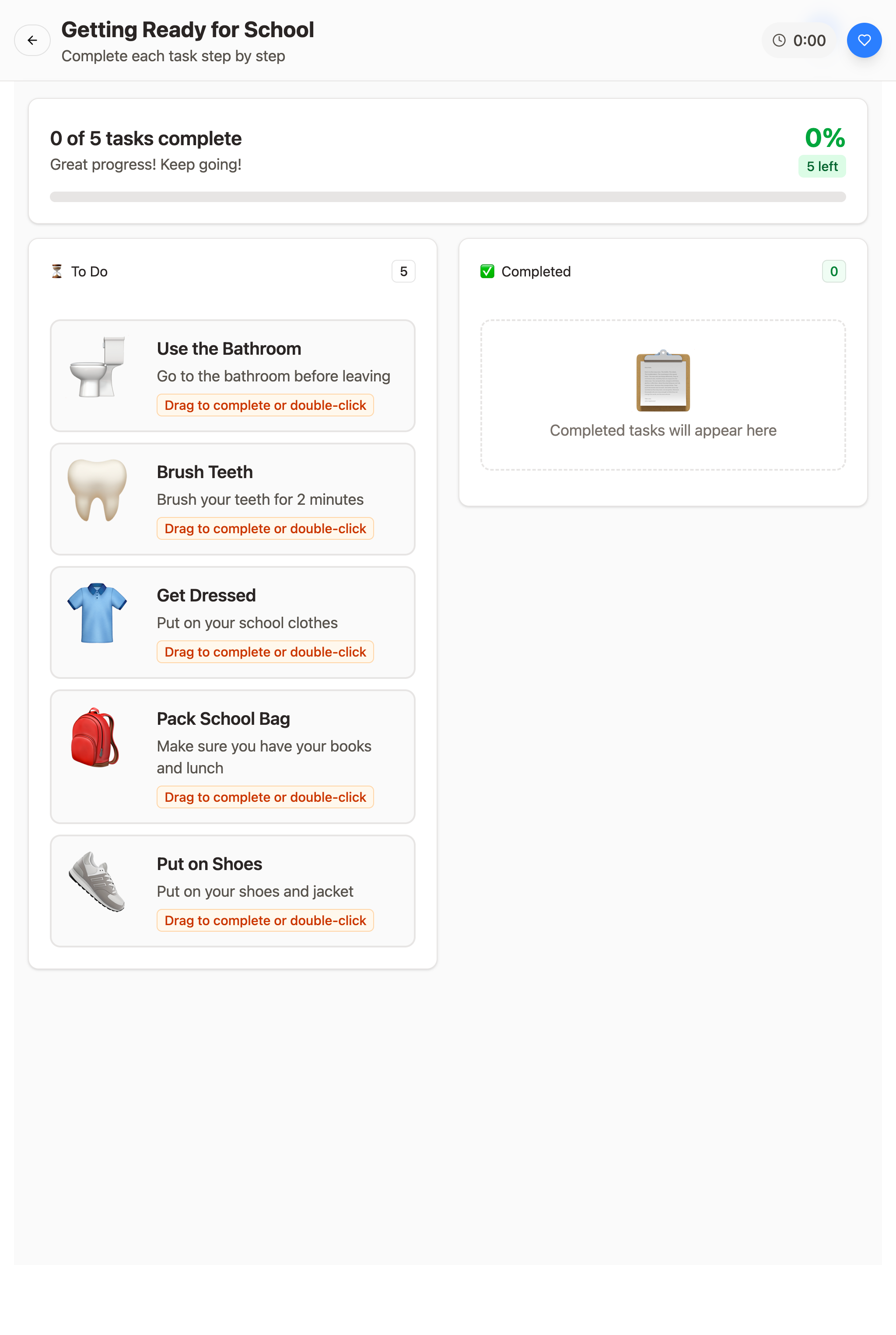 Step-by-step task breakdown with visual icons